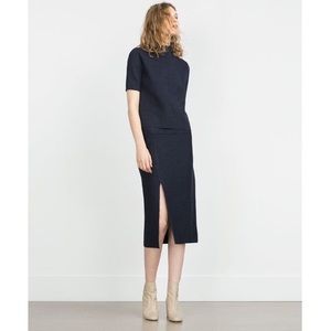 Zara Knit High Waist Navy Sweater Tube Skirt with Slit